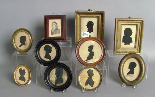 Appraisal: Nine hollowcut silhouettes together with a miniature pencil portrait