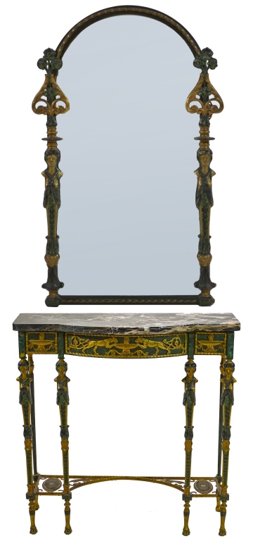 Appraisal: OSCAR BACH BRONZE MALACHITE FINISH TABLE MIRROR New York Germany