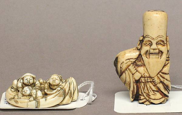 Appraisal: Two miniature studies of lucky gods Including a bone figure