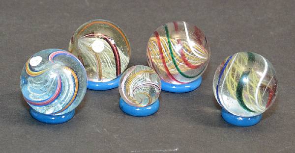 Appraisal: Latticino Core Marbles A grouping of five Latticino handmade marbles