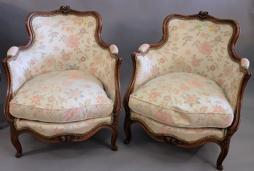 Appraisal: Pair of Louis XV style small bergeres with custom upholstery