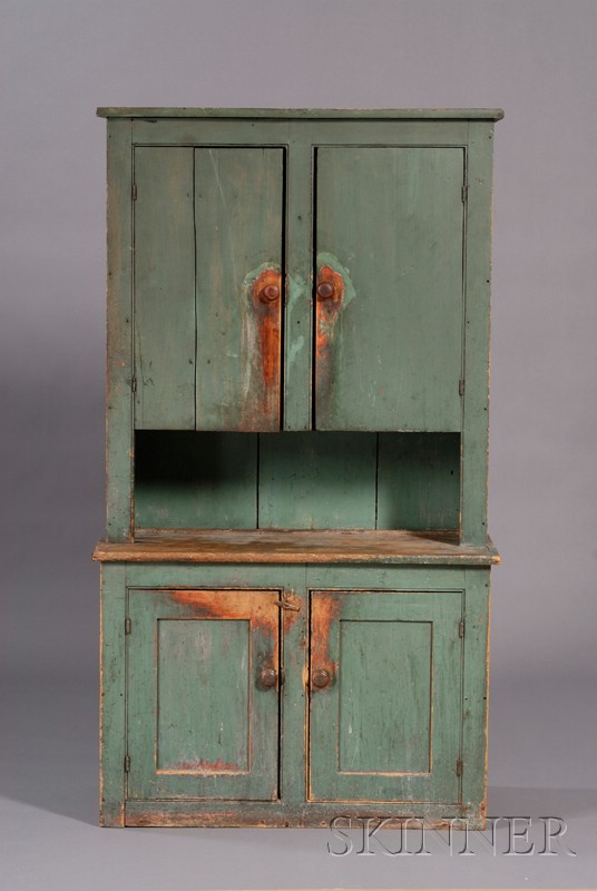 Appraisal: Blue-green-painted Pine Step-back Cupboard America early th century the beaded