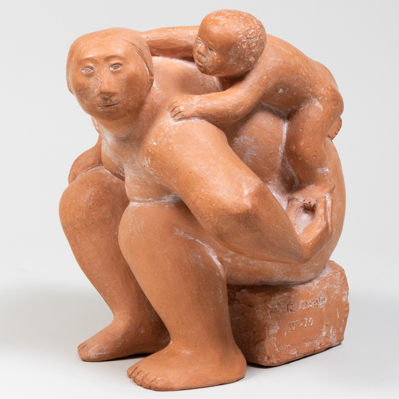 Appraisal: TH CENTURY SCHOOL SEATED MOTHER AND CHILD Terracotta signed 'R