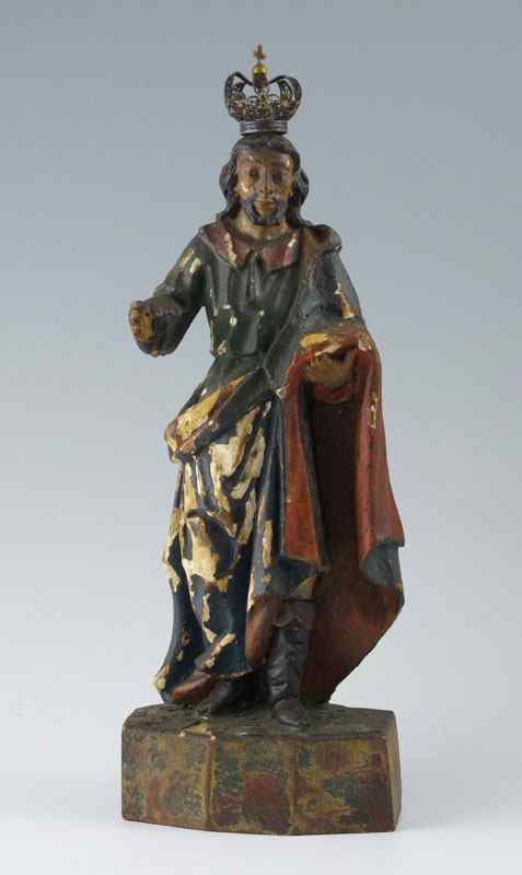 Appraisal: EARLY CARVED SANTOS WITH METAL CROWN Polychrome with paint remnants