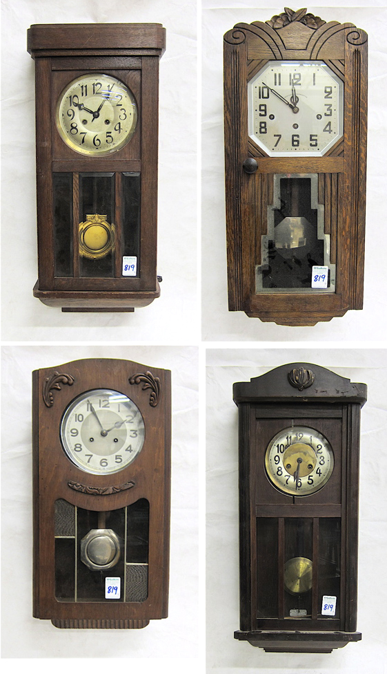 Appraisal: FOUR BOX-CASE WALL CLOCKS all having springwound time strike movements