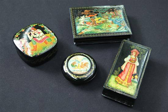 Appraisal: FOUR RUSSIAN DECORATED LACQUER BOXES Two with hinged lids depicting