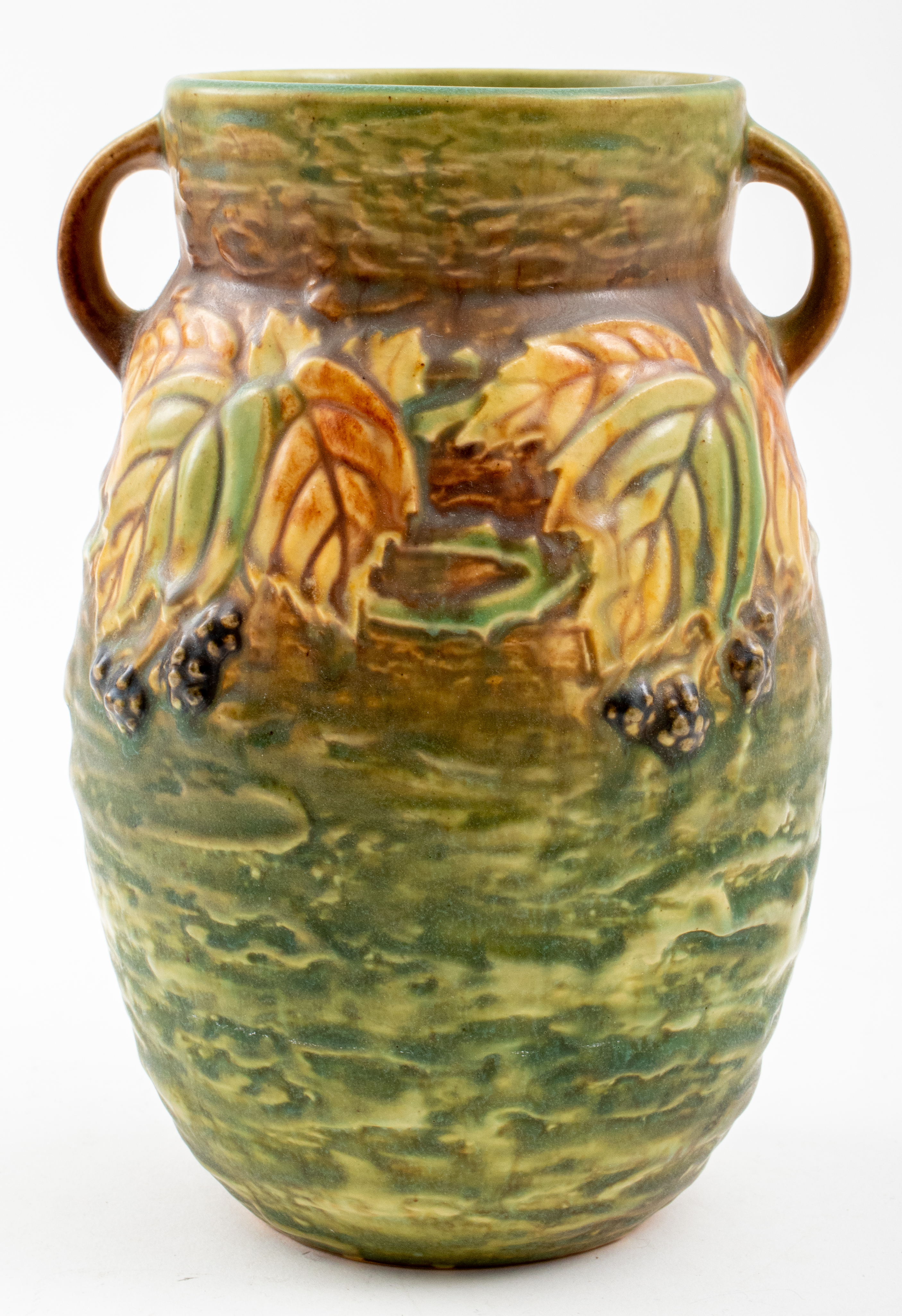 Appraisal: ROSEVILLE BLACKBERRY CERAMIC HANDLED VASE Roseville Arts and Crafts ceramic