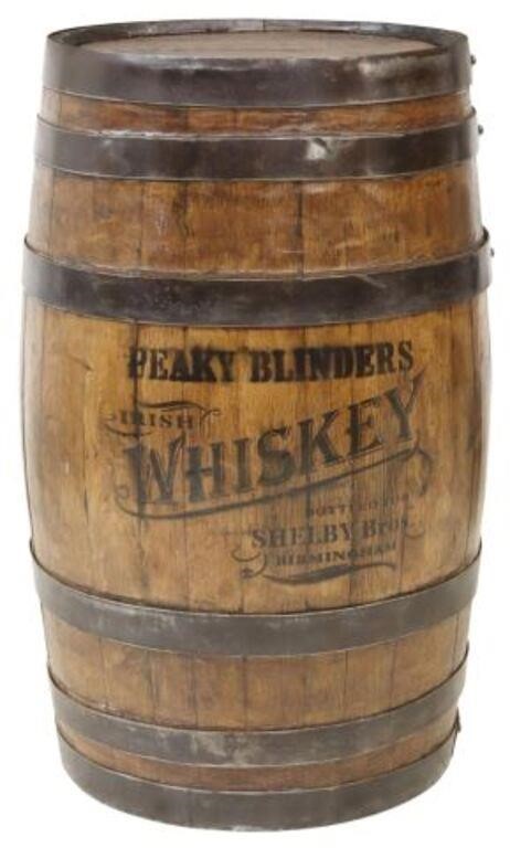 Appraisal: Oak stave barrel keg with iron banding stenciled Peaky Blinders