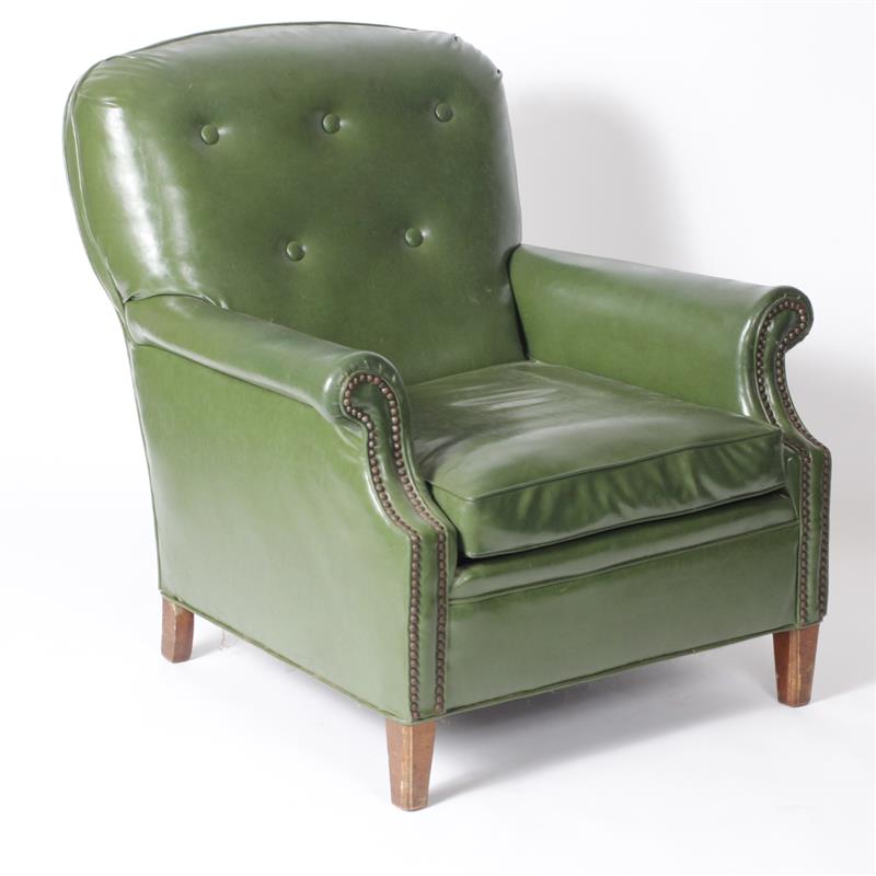 Appraisal: Vintage green leather lounge chair with rounded button back H