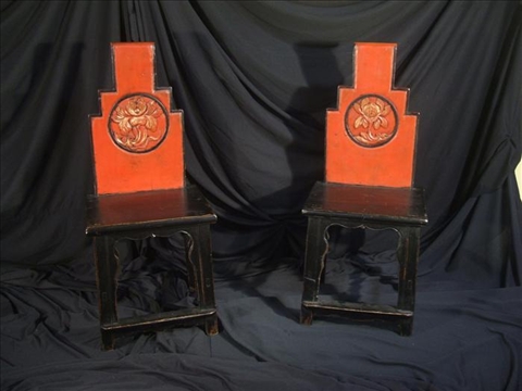 Appraisal: PAIR CHINESE PAINTED CHAIRS With carved floral back and red