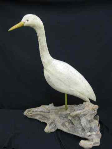 Appraisal: Gary Crossman Carved Painted HeronFigurine driftwood base '' tall