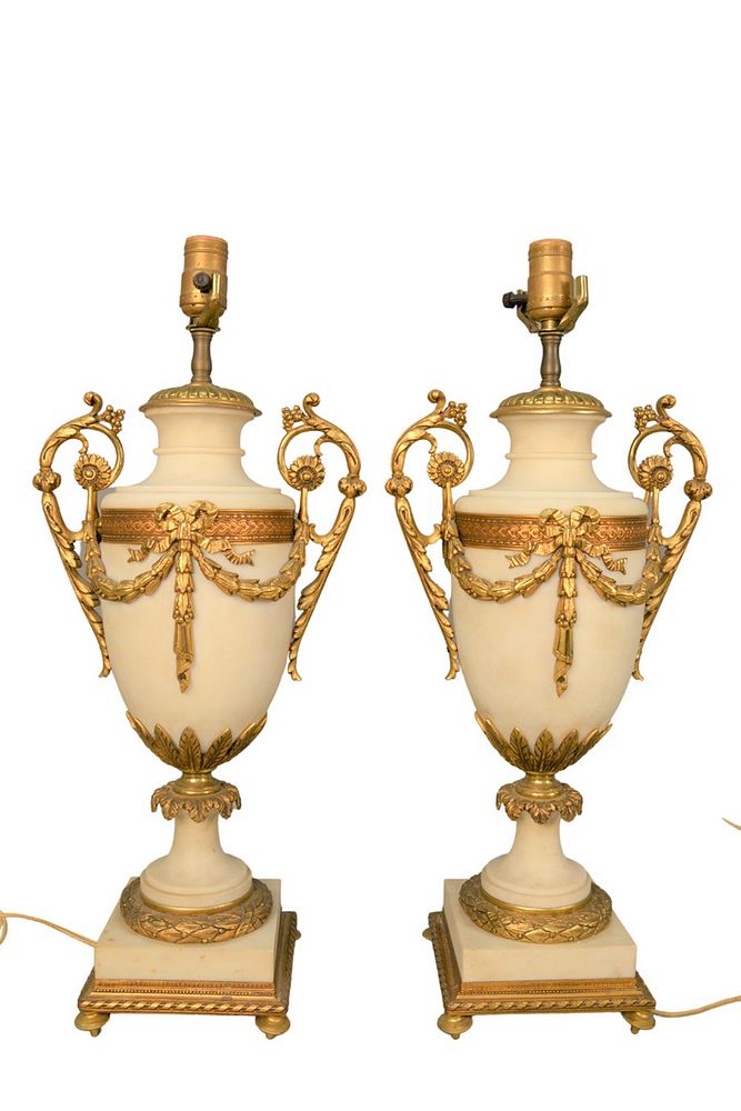 Appraisal: Pair of Large French Marble Urns having Dore bronze fittings