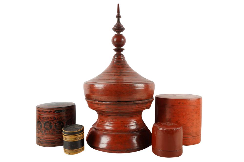 Appraisal: FIVE ASSORTED ASIAN LACQUERED BOXESwith four cylindrical and one pointed