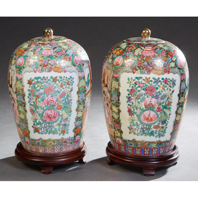 Appraisal: Pair of Large Chinese Porcelain Famille Rose Baluster Form Lidded