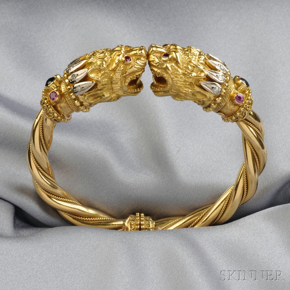 Appraisal: kt Gold Gem-set Bracelet Lalaounis Greece the hinged ropetwist bangle