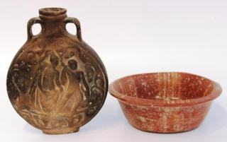 Appraisal: Vintage Ethnic Pottery Items The first a moon flask with