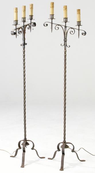 Appraisal: ARTS CRAFTS LIGHTING Pair of triple candelabra on tripod base