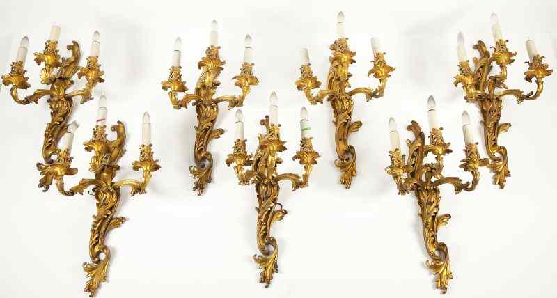 Appraisal: Set of Seven Louis XV Style Wall Sconcesbronze dore each