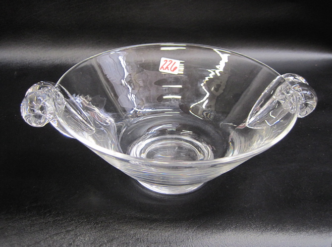 Appraisal: STEUBEN CLEAR CRYSTAL BOWL with handles Etched Steuben underfoot Dimensions