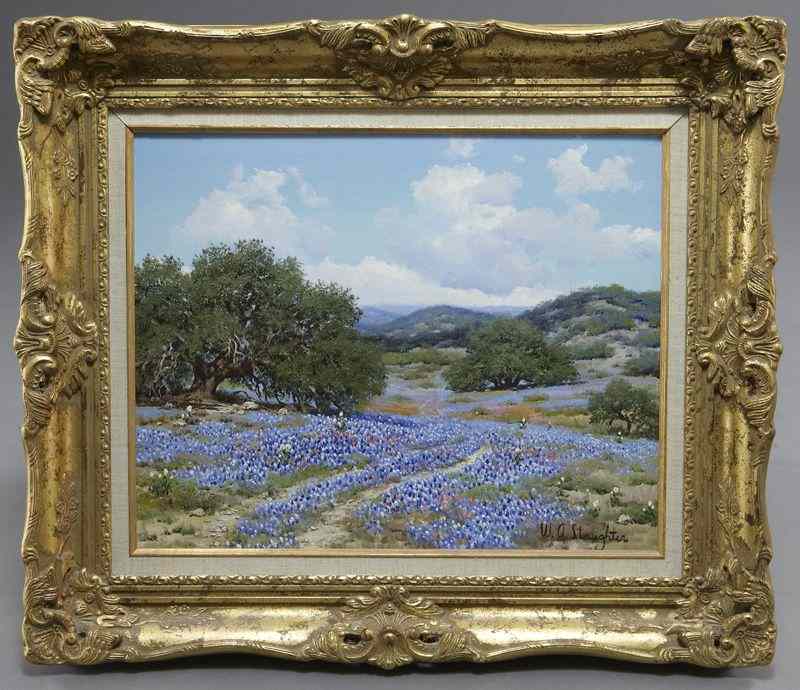 Appraisal: William A Slaughter ''Landscape with Bluebonnets''oil painting on canvas Canvas