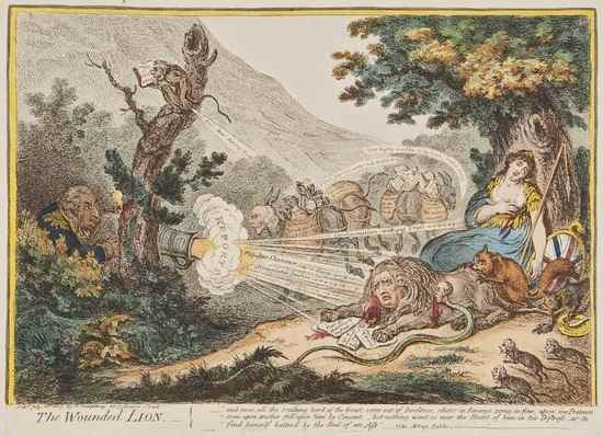 Appraisal: James Gillray - The Wounded Lion parody of Aesop's Fable