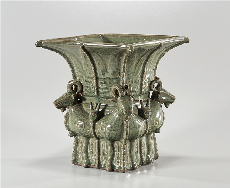 Appraisal: Chinese green crackle glazed porcelain vase ram's head corners and