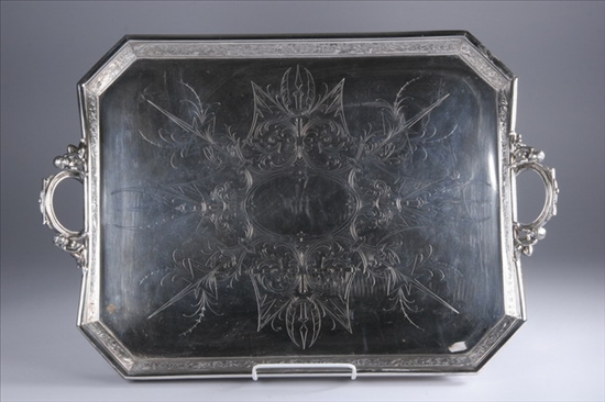 Appraisal: LARGE AESTHETIC MOVEMENT SILVER PLATED TRAY Rectangular form cast figural