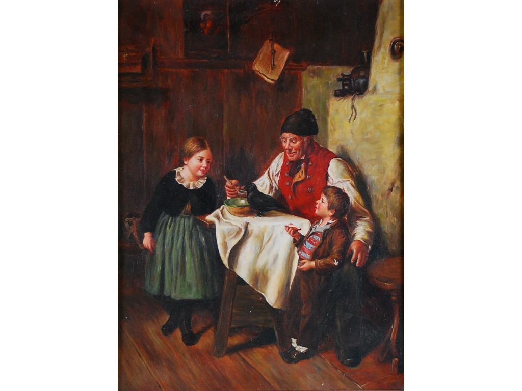 Appraisal: MODERN PASTICHE OIL PAINTING A father with two children in