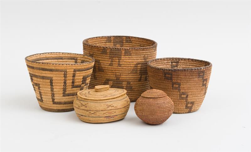 Appraisal: GROUP OF THREE NATIVE AMERICAN COILED SMALL BASKETS AND TWO