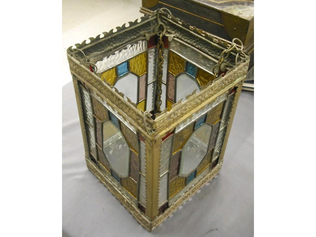 Appraisal: Decorative brass and stained glass square hall lantern high