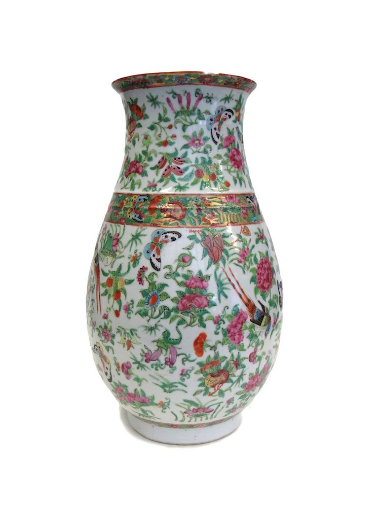 Appraisal: Rounded Hu-Form Enameled Vase Painted with flowers birds and butterflies