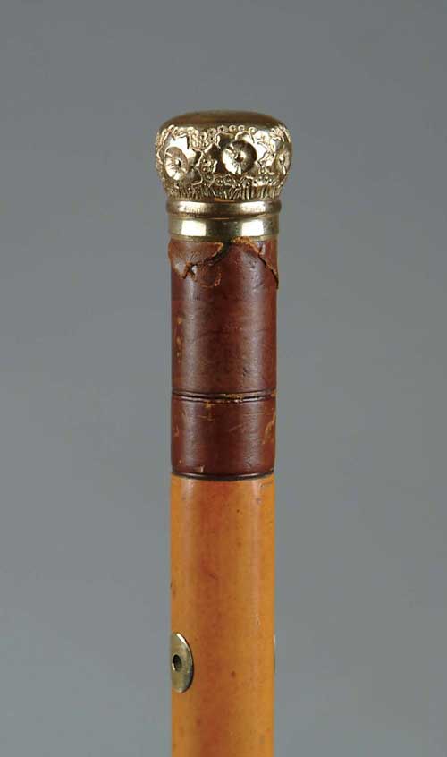 Appraisal: EARLY GOLD TOP MALACCA CANE Thick malacca shaft has -