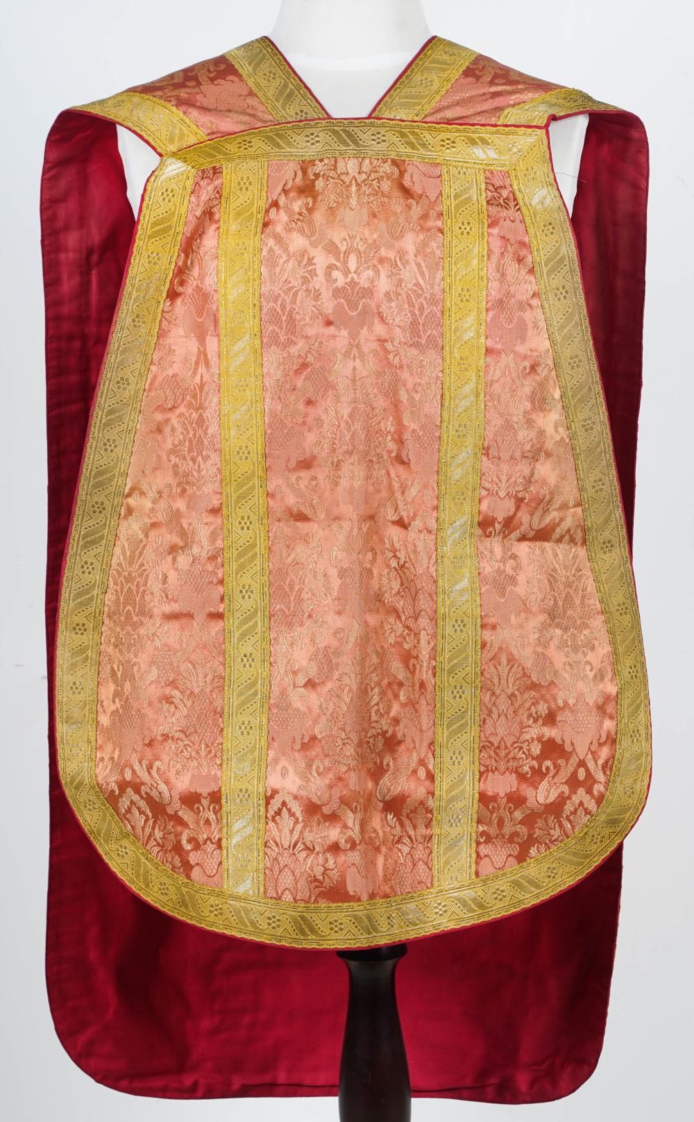 Appraisal: CONTINENTAL RED SILK CHASUBLEof floral damask overlaid with gilt metallic