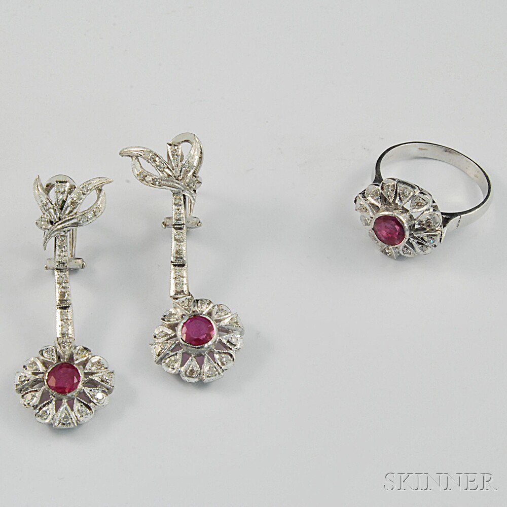 Appraisal: kt White Gold Ruby and Diamond Suite the floriform earrings