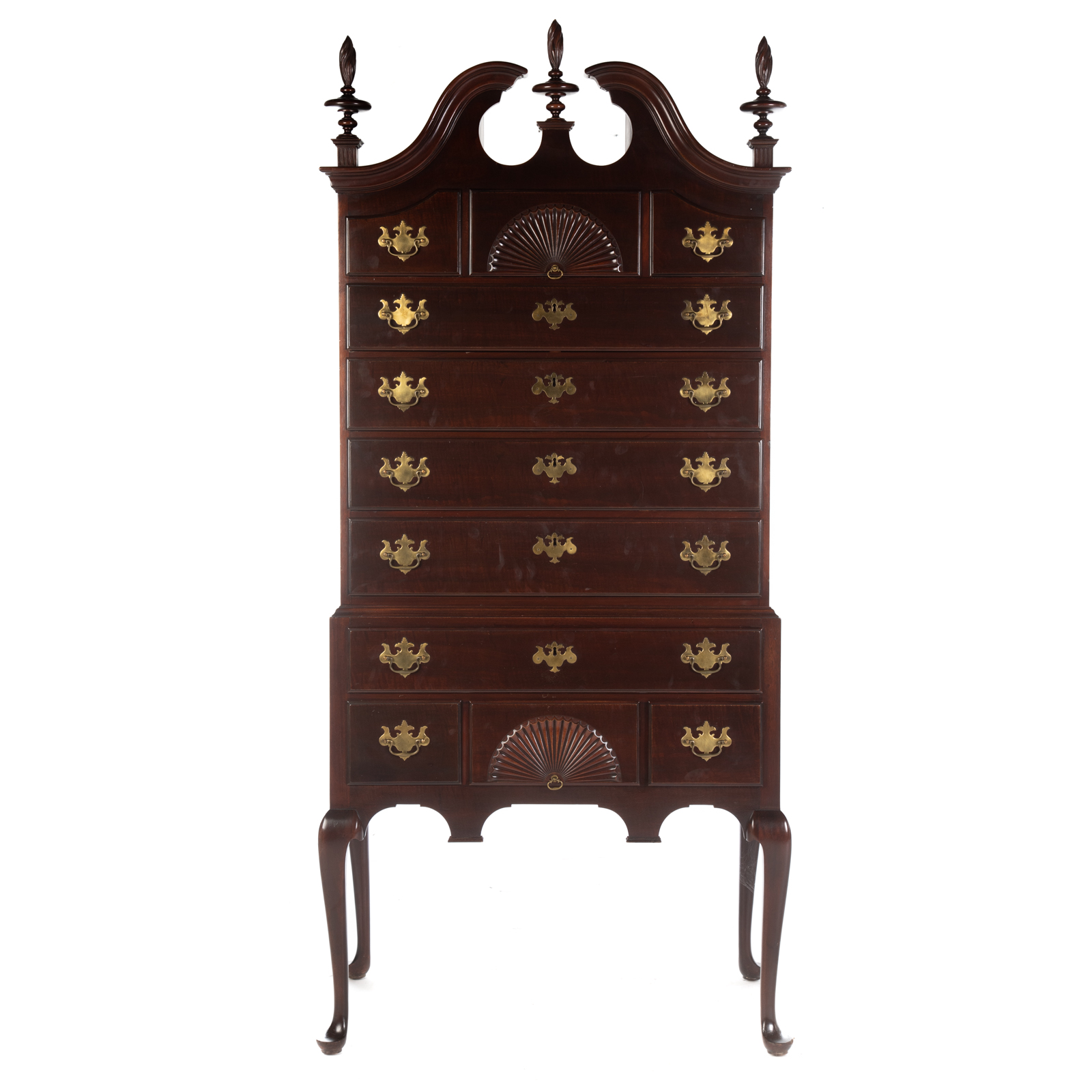 Appraisal: KINDEL MAHOGANY QUEEN ANNE STYLE HIGHBOY Having broken arch pediment