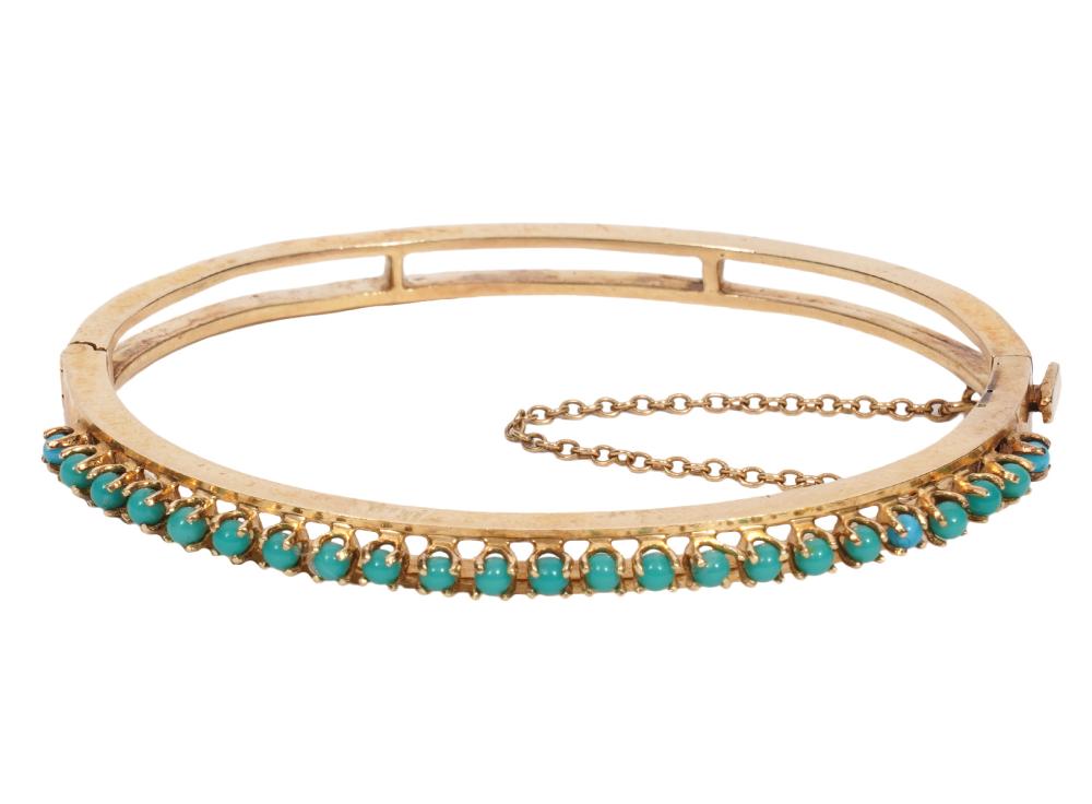 Appraisal: K YG TURQUOISE WIDE BANGLE BRACELET K yellow gold turquoise