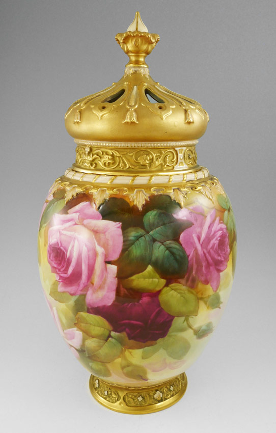 Appraisal: MONUMENTAL ARTIST SIGNED ROYAL WORCESTER COVERED POTPOURRI ROSE JAR Handpainted