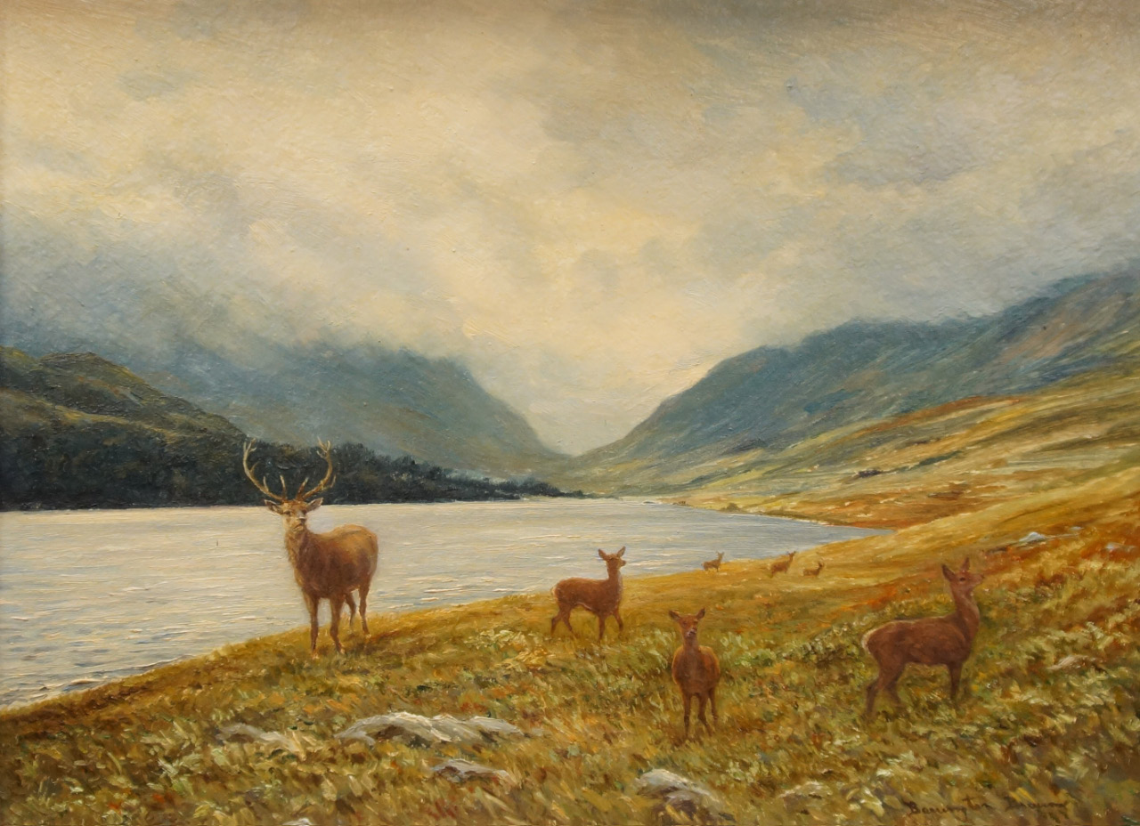 Appraisal: William Ellis Barrington-Browne - Stag doe and fawn in Highland