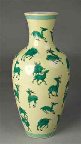 Appraisal: Large Chinese Porcelain Deer VaseYellow vase with numerous deer in