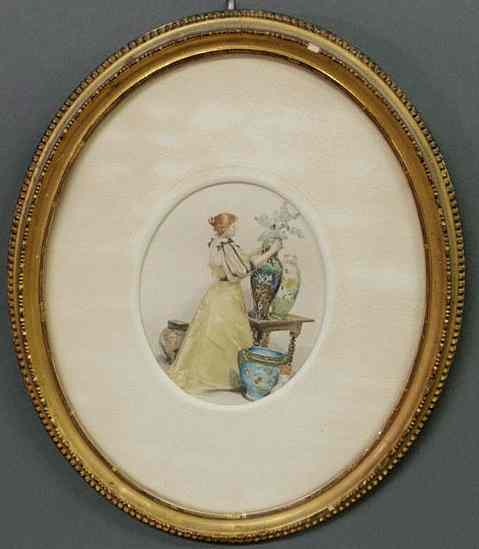 Appraisal: Victorian oval watercolor of a woman arranging flowers titled verso