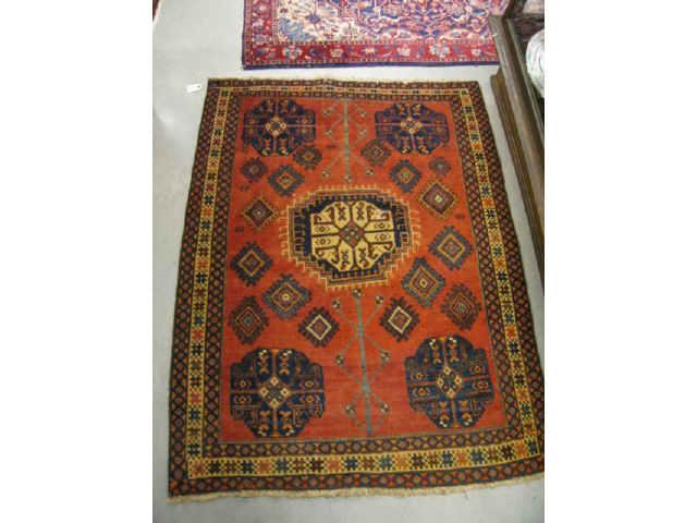 Appraisal: Shiraz Persian Handmade Rug geometrics salmon field ' x '