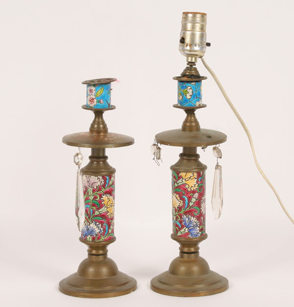 Appraisal: Pair Longwy faience candlestick lamps floral circular body and cuff