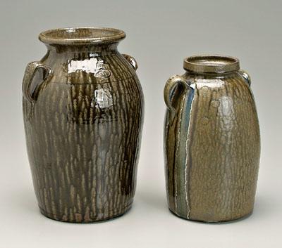 Appraisal: Two Matthew Hewell churns Gillsville Georgia born stoneware with runny