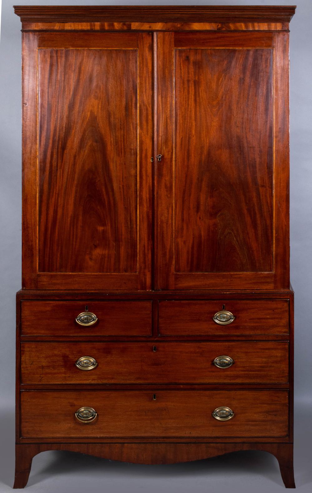 Appraisal: GEORGE III STYLE INLAID MAHOGANY WARDROBE MID- TH CENTURY the