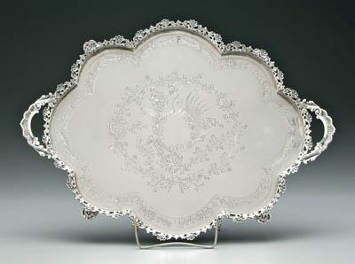 Appraisal: Portuguese silver tray scalloped border two handles four openwork feet