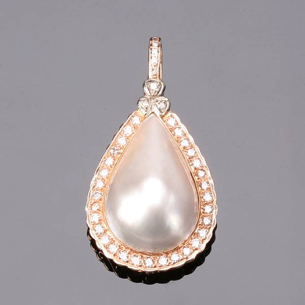 Appraisal: A mabe pearl diamond and k rose gold enhancer pendant