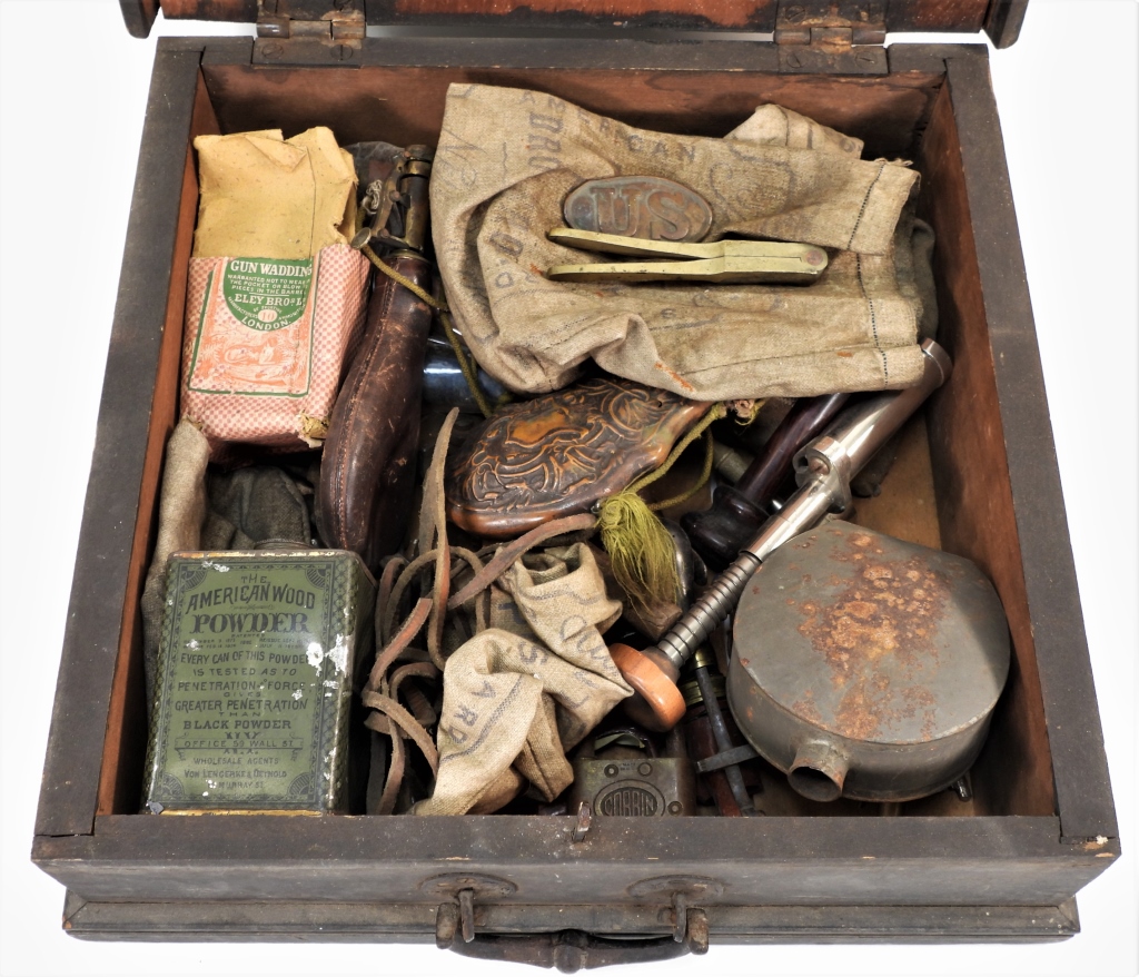 Appraisal: AMERICAN SHOTGUN BOX W ACCOUTREMENTS United States th CenturyIncludes powder