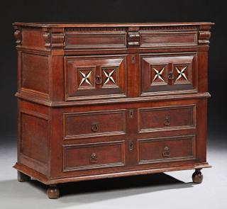 Appraisal: French Inlaid Carved Oak Commode c the rou French Inlaid