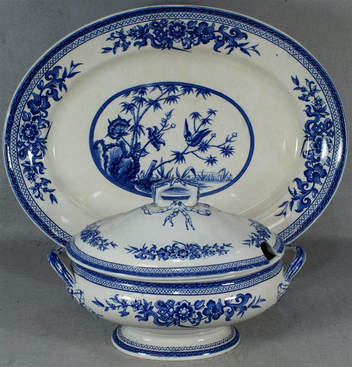 Appraisal: English blue and white ironstone tureen together with a platter