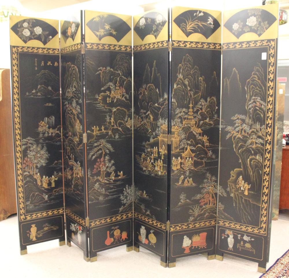 Appraisal: SIX-PANEL CHINESE FLOOR SCREEN one side featuring a mountain landscape